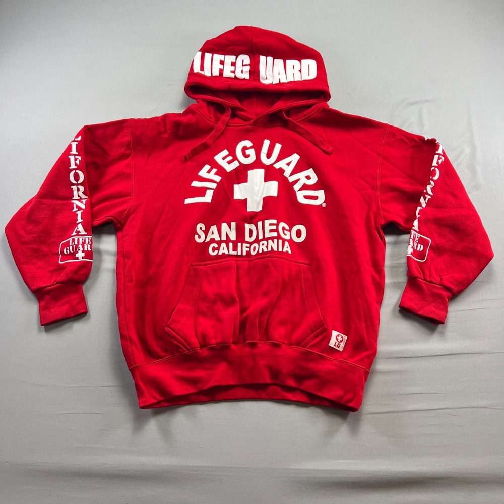 Lifeguard Hoodie Unisex M Red San Diego California Graphics Ribbed Long Sleeve